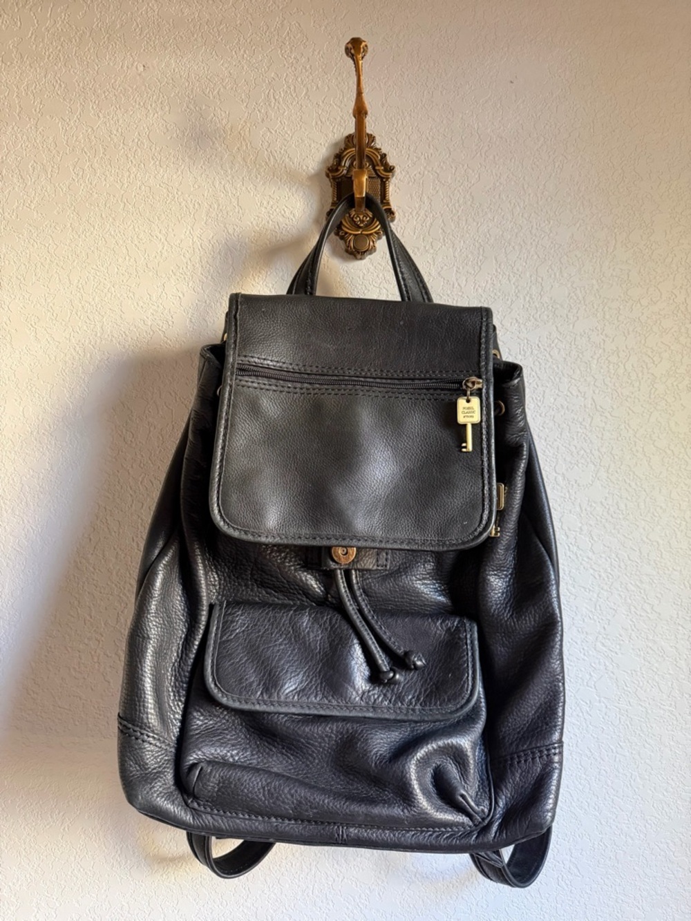 Vintage Fossil Black Leather Drawstring Backpack with Front Pocket